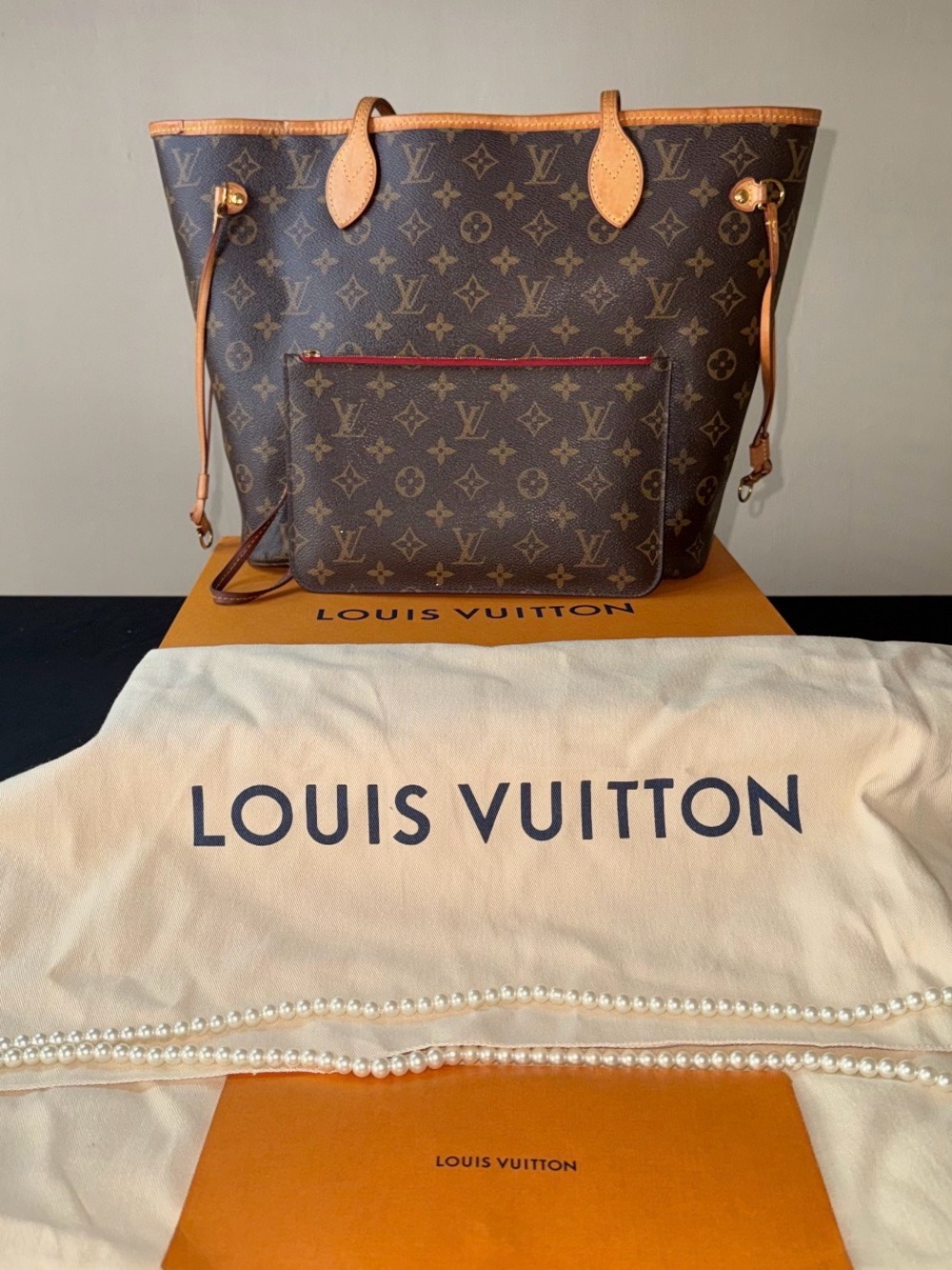 Louis Vuitton Monogram Canvas Tote with Tan Trim and Red Accent